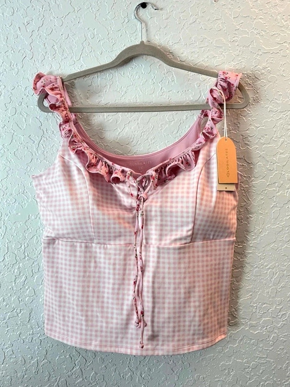 Blogilates Gingham Ruffle Crop Top in Pink & White NWT